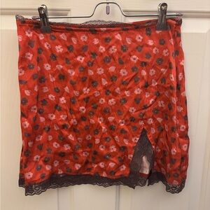 Maeve Red Floral Skirt with Lace Trim